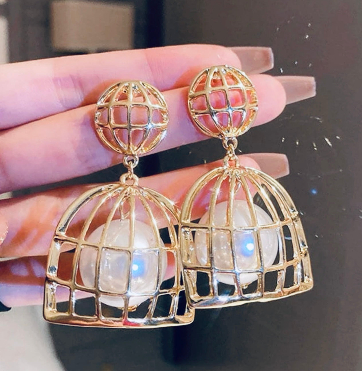 Golden Caged Pearl Earrings